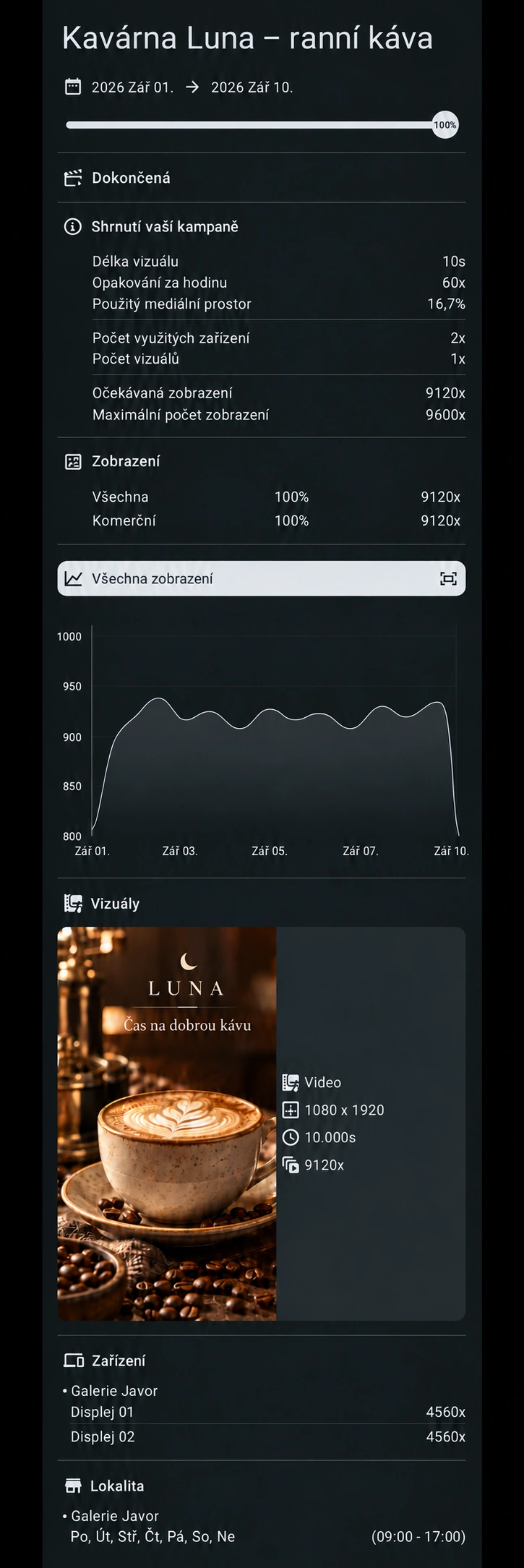 Ukázka reportu kampaně: Fiktivní reklama a údaje. Maximum 9 600, očekávaná i zaznamenaná zobrazení 9 120: plnění 100 %.