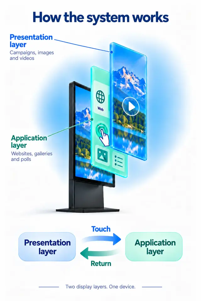 Two layers of one screen: touch switches from the presentation layer to the application layer; returning resumes campaign playback.