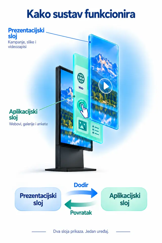 Dva sloja jednog zaslona: dodir prebacuje s prezentacijskog na aplikacijski sloj, a povratak nastavlja reprodukciju kampanja.