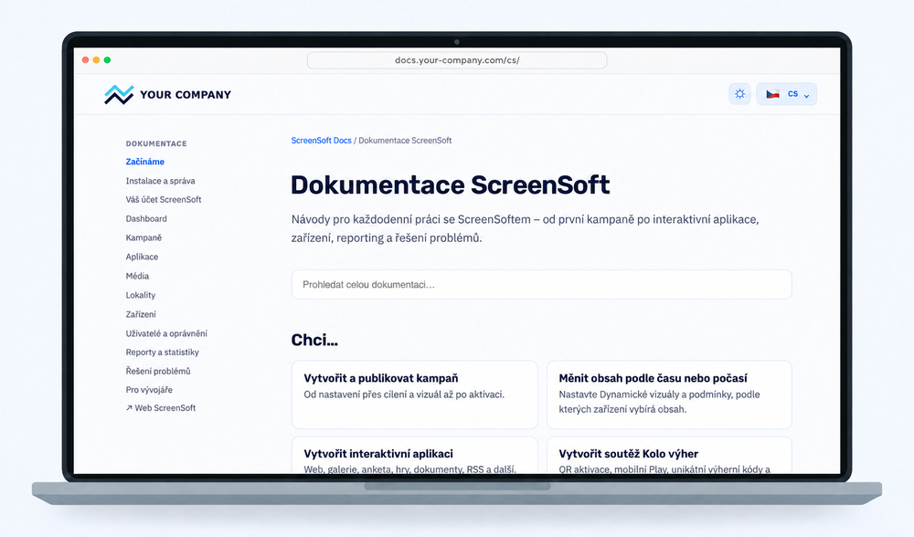 Dokumentace White Label v češtině s logem partnera vlevo nahoře a vlastní doménou